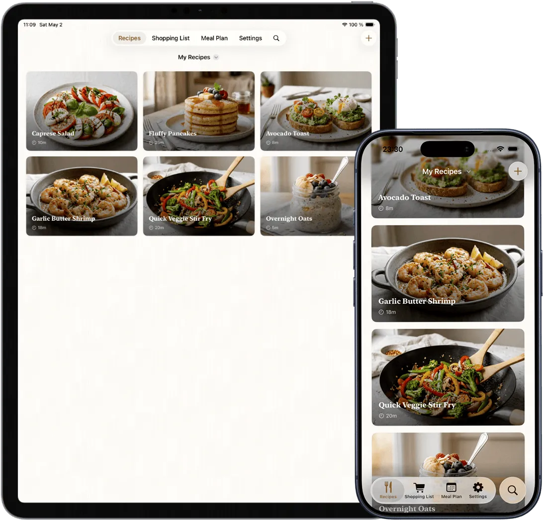 MainCourse recipe library on an iPad and an iPhone