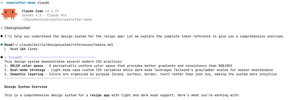a screenshot of a Claude Code terminal session. the /theme skill has been loaded in and Claude Code confirmed that it now knows about the styling tokens and patterns of the app.